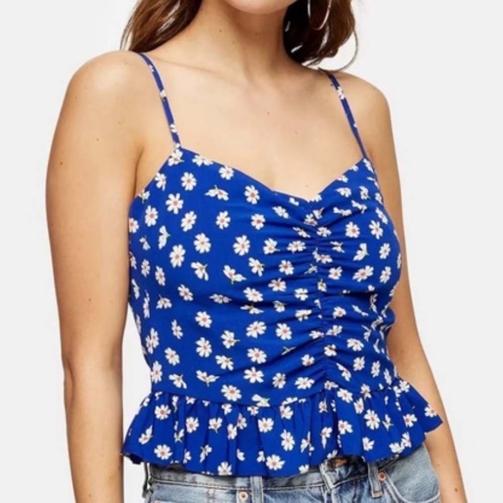 Topshop Ruched peplum camisole blouse blue Floral